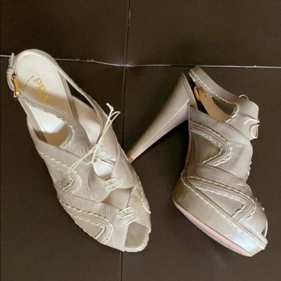Prada Beige Platform Peeptoe Sandals - Picture 1 of 8